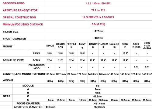 Samyang 135/2,2 Objektiv Video DSLR Sony E manueller Fokus Videoobjektiv 0,8 Zahnkranz Gear, Spiegel