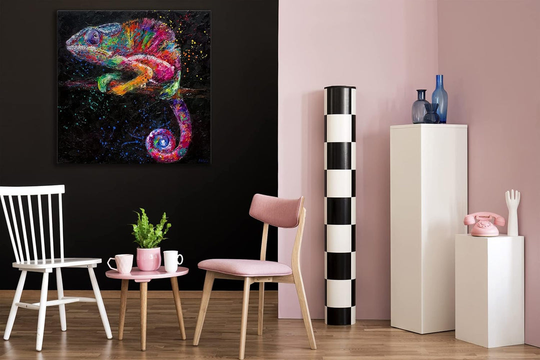 YS-Art XXL Abstrakt Acryl Gemälde auf Leinwand Chamäleon handgemalt Wandbilder bunt Pop Art Farbenfr