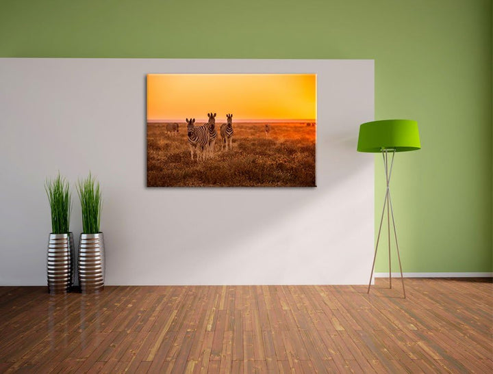 Zebra in der Savanne Format: 100x70 auf Leinwand, XXL riesige Bilder fertig gerahmt mit Keilrahmen,