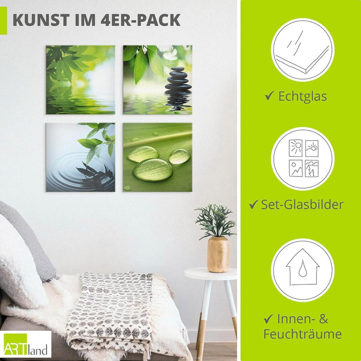 ARTland Glasbild Wandbild Glas Bild 4er Set 4 teilig je 30x30 cm Wellness Entspannung Zen Wasser Grü