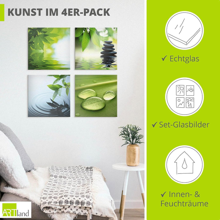 ARTland Glasbild Wandbild Glas Bild 4er Set 4 teilig je 30x30 cm Wellness Entspannung Zen Wasser Grü