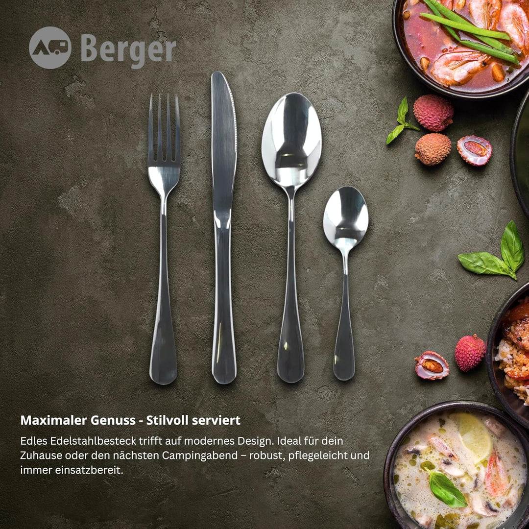 BERGER Besteck-Set Edelstahl 16-tlg. | Campingbesteck für 4 Personen | Inkl. Aufbewahrungstasche | H