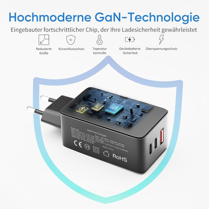 ARZOPA USB C Ladegerät 65W USB-C Netzteil GaN Charger 3-Port Schnellladegerät PPS Mehrfach Ladegerät