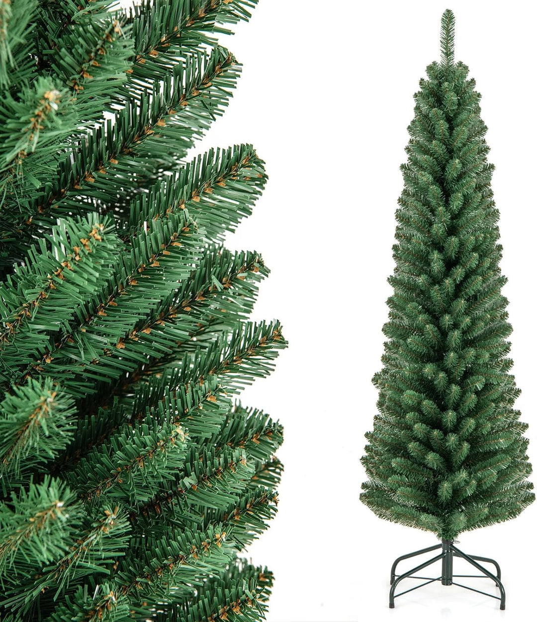 COSTWAY 150cm Bleistift Weihnachtsbaum, künstlicher Tannenbaum mit 295 Zweigespitzen & Metallständer