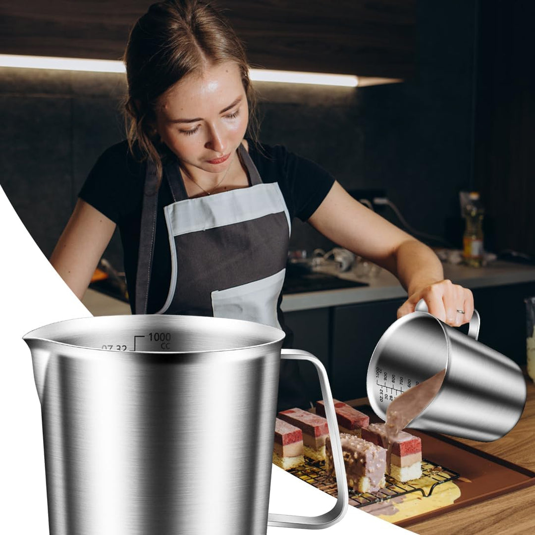 Messbecher Edelstahl 1L, Milchkännchen mit Markierung mit Griff, Messkanne Milk Pitcher, Milchaufsch