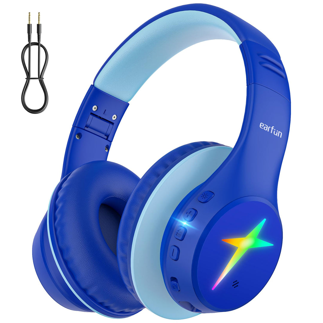 EarFun Bluetooth Kopfhörer Kinder, 5 LED-Beleuchtungsmodi, 74/85/94 dBA Lautstärkebegrenzung, 90 Std