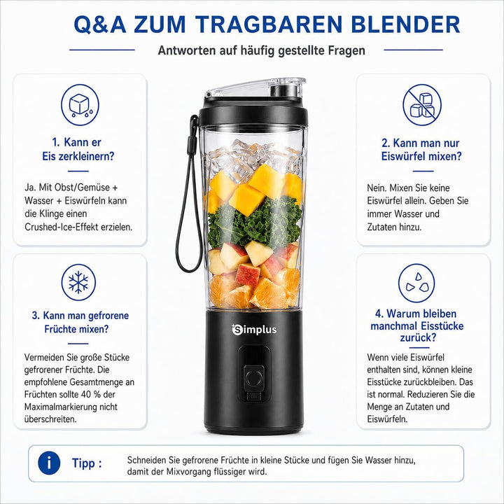 SIMPLUS Tragbarer Mixer 800ml Smoothie Maker To Go, USB-C Wiederaufladbarer Mini Standmixer, 6 Edels