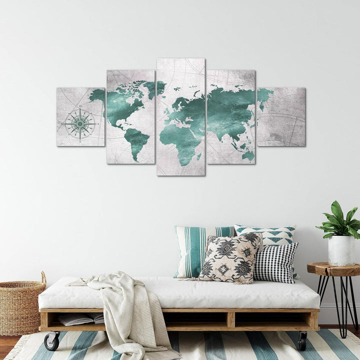 Runa Art - Bilder Weltkarte 200 x 100 cm 5 Teilig XXL Wanddekoration Design Grün Grau 026051c 200 x