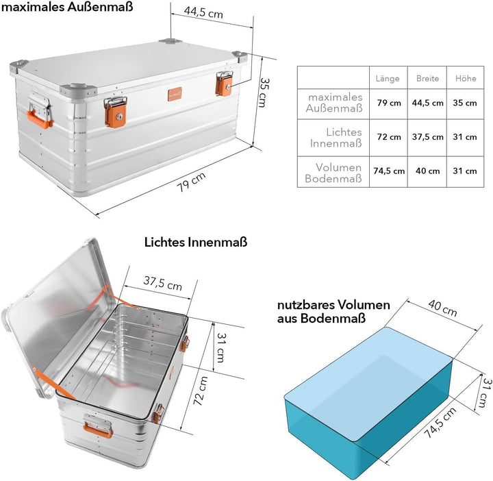 ALUBOX Alukiste abschliessbar E92 - Premium Aluminium Lagerbox 92 Liter - Deckel mit Aluminium Druck