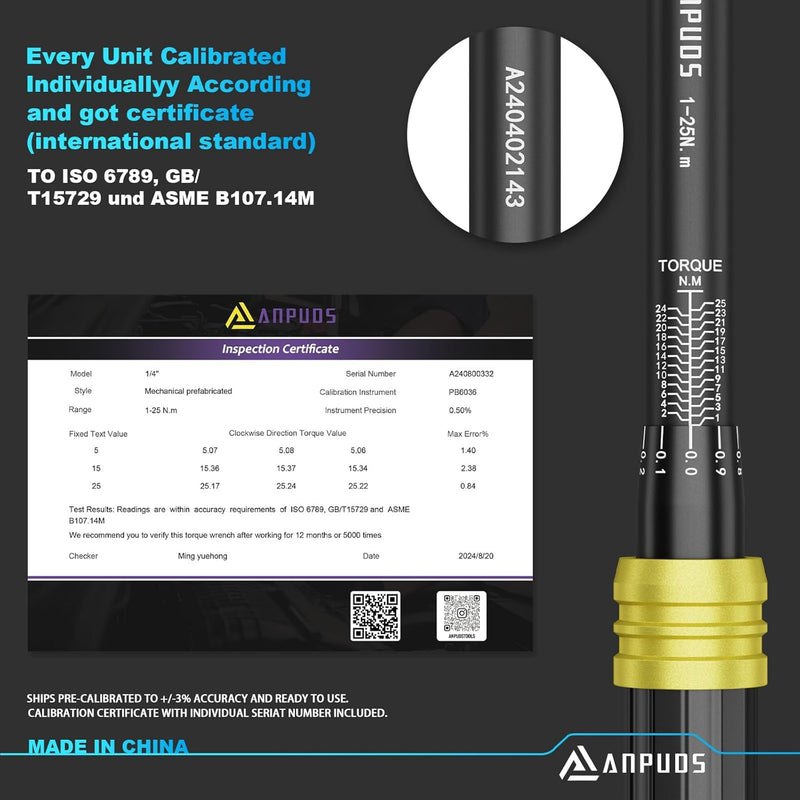 ANPUDS Drehmomentschlüssel 1/4 Zoll, 0,1NM Mikro-Einstellung, 1-25NM Fahrrad & Motorrad Drehmomentsc