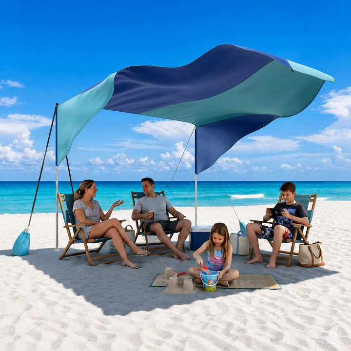 Strand-Sonnensegel 3 x 3 m, windfest, UPF 50+, für 4–6 Personen | 9,3 m² Schattenfläche mit Stangen