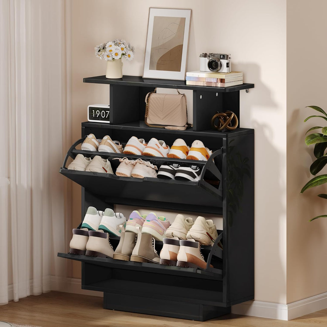 YITAHOME Schuhschrank Schmal Hochglanz, Schuhkipper mit 2 Klappen,80 x 24 x 106 cm Schuhregal Schmal