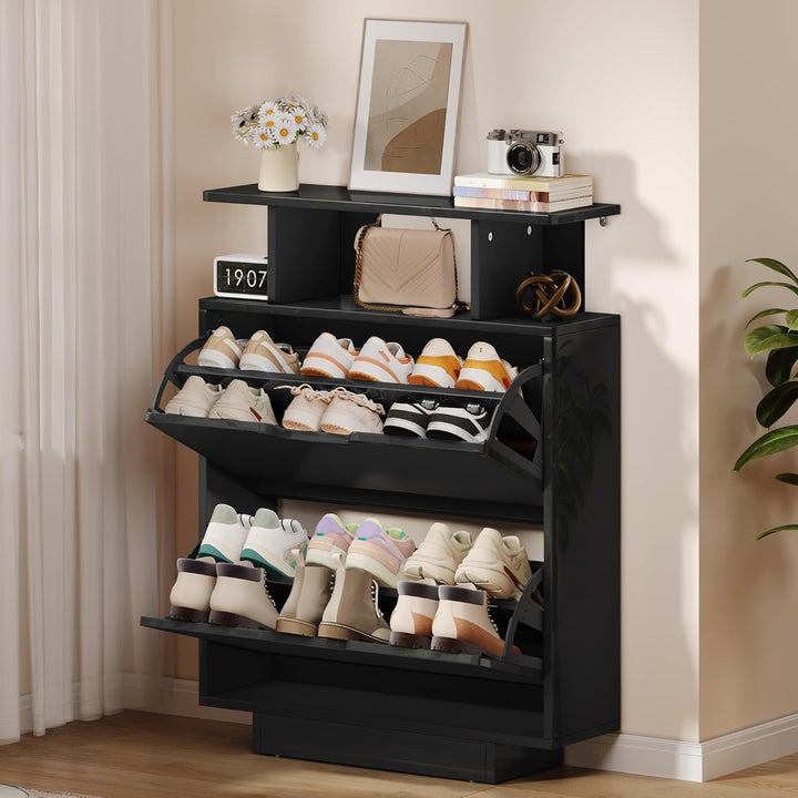 YITAHOME Schuhschrank Schmal Hochglanz, Schuhkipper mit 2 Klappen,80 x 24 x 106 cm Schuhregal Schmal