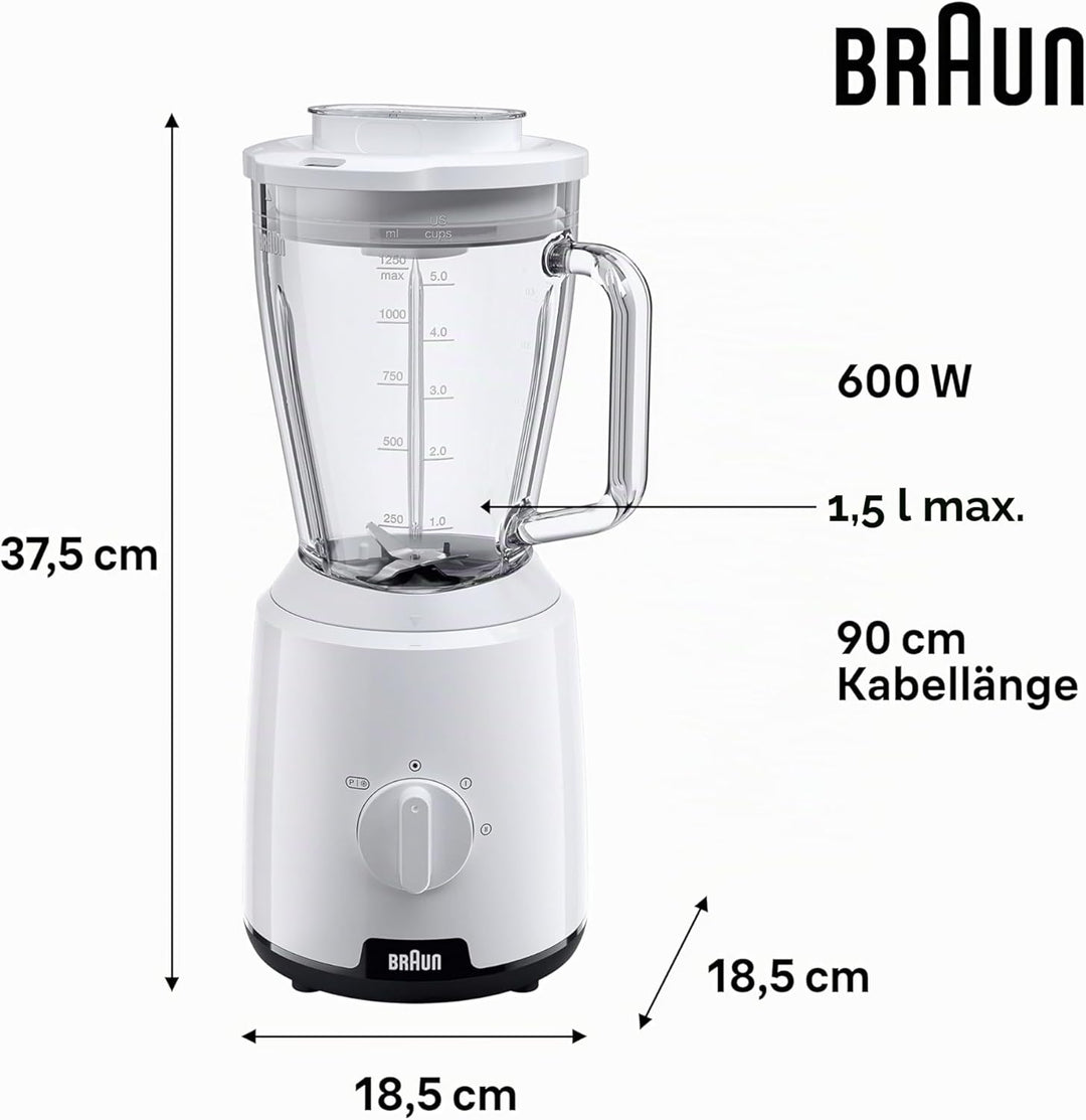 Braun PowerBlend 1 JB1050WH - Standmixer mit 1,5 l Glas-Mixaufsatz, Küchenhelfer zum Zerkleinern, Pü