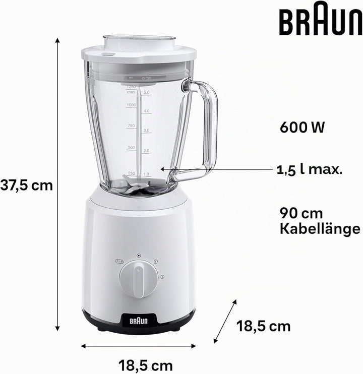 Braun PowerBlend 1 JB1050WH - Standmixer mit 1,5 l Glas-Mixaufsatz, Küchenhelfer zum Zerkleinern, Pü