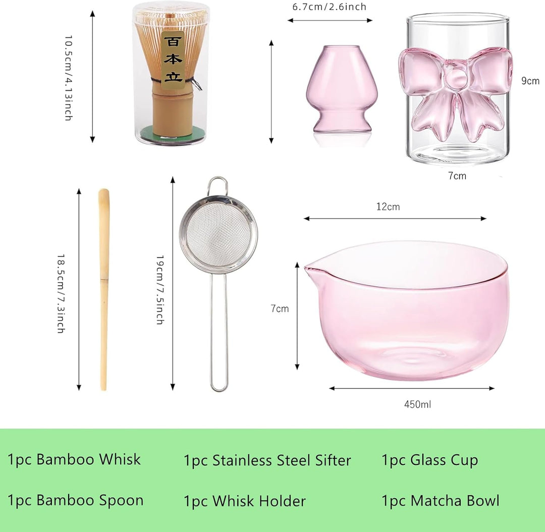 Matcha Set Rosa Matcha Schale,Matcha Tasse Trinkbecher mit Bow Iced coffee Trinkglas,Matcha Sieb Mat