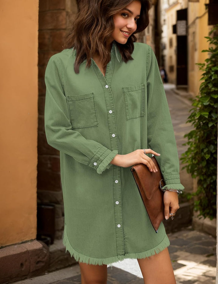 Zilcremo Damen V-Ausschnitt Blusenkleid Hemdkleid Jeanskleider Langarm Knopf Runter Shirtkleid Tunik
