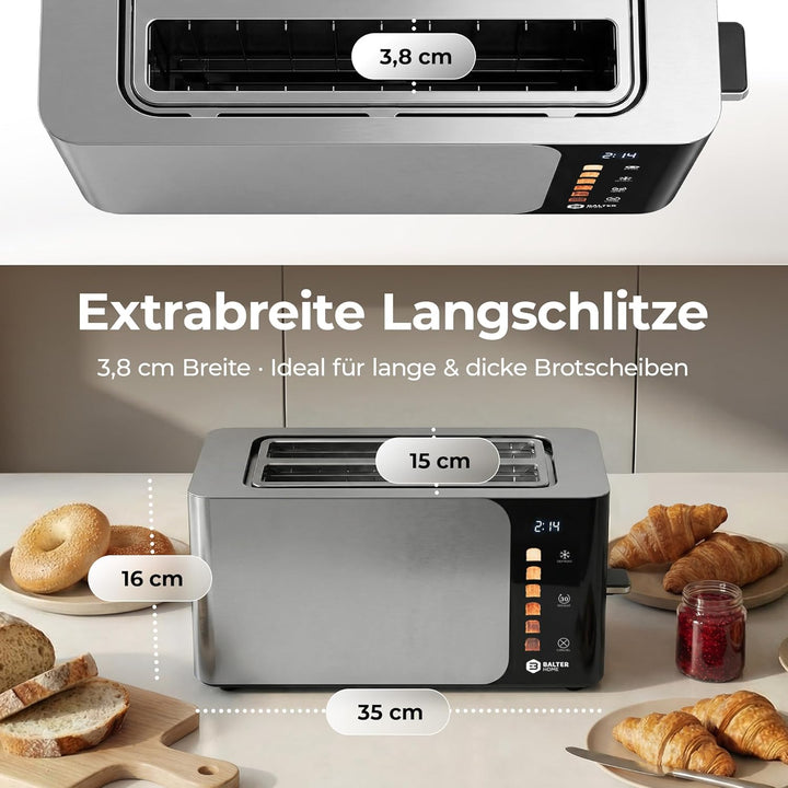 Balter Toaster 4 Scheiben, Touch Bedienung, Langschlitz, Edelstahl, Brötchenaufsatz, LCD Display Lan