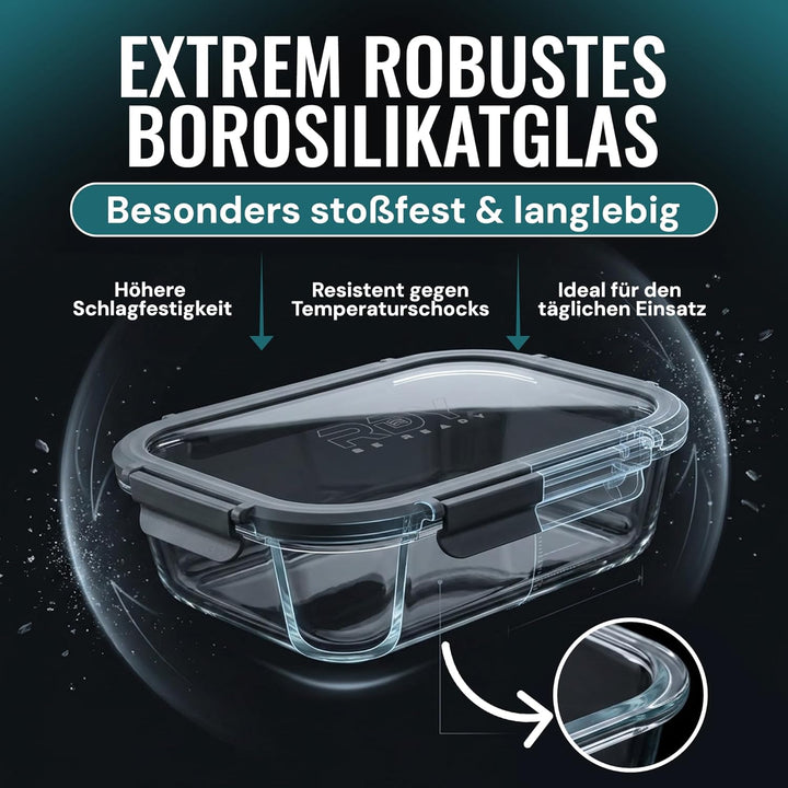 RDY® Meal Prep Boxen Glas 1500ml - 5er Set - luftdichte Glasbehälter Mikrowelle, Backofen, Gefrierfa