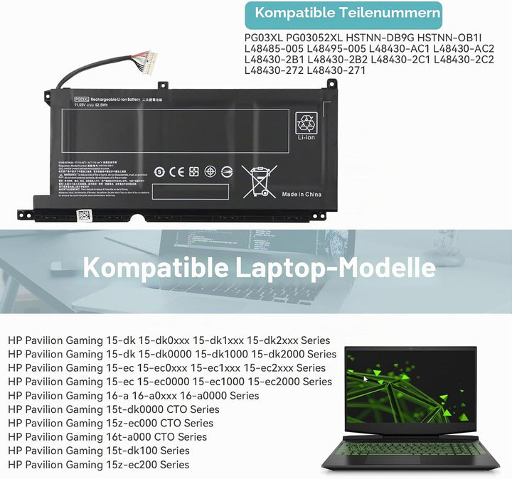 K KYUER 52.5Wh PG03XL Laptop Akku für HP Pavilion Gaming 15-dk0000 15-dk1000 15-dk2000 15-ec0000 15-