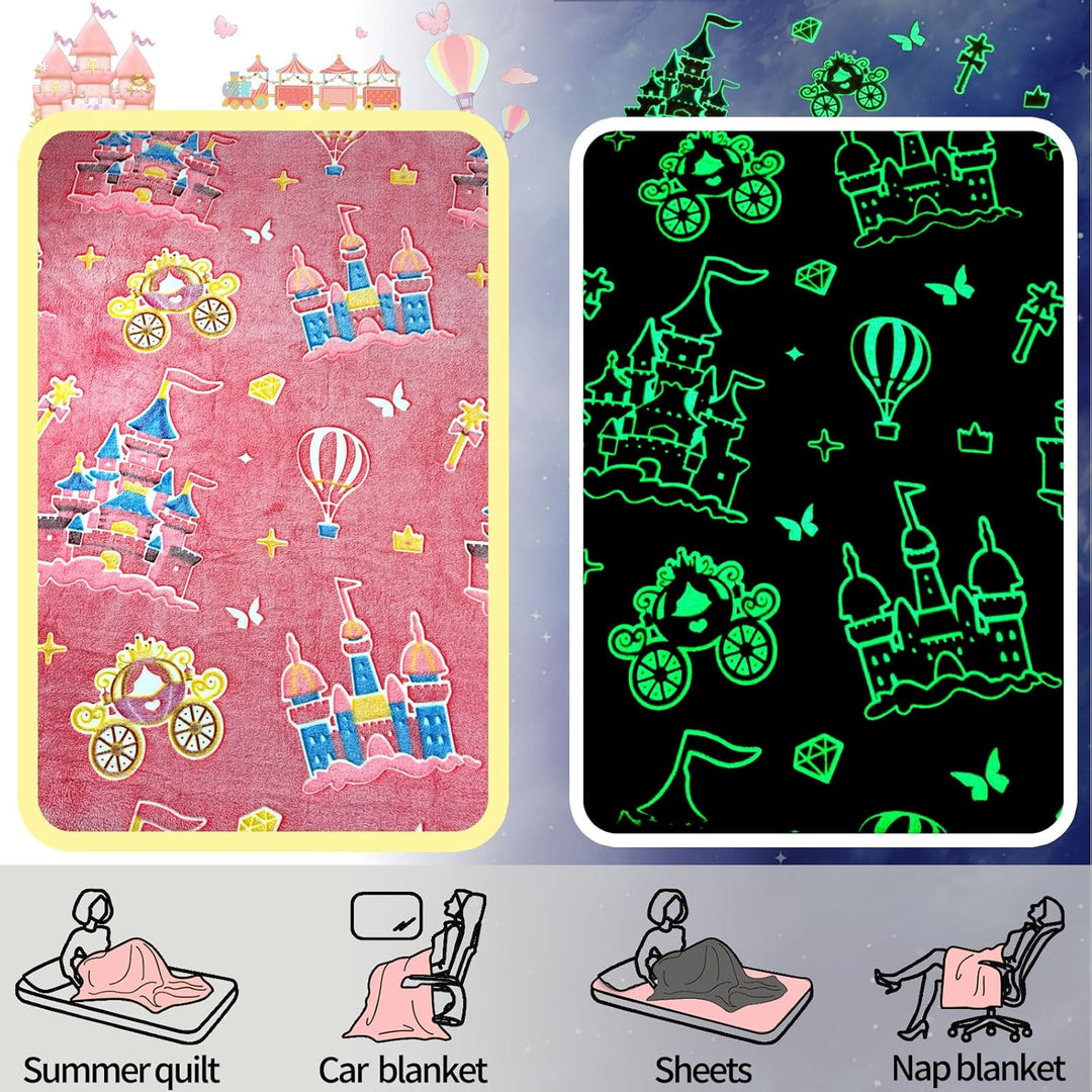 Kuscheldecke Kinder 150x200cm, Ballonschloss Glow in The Dark Decke,Weich Wärme，Kuscheldecke Rosa fü
