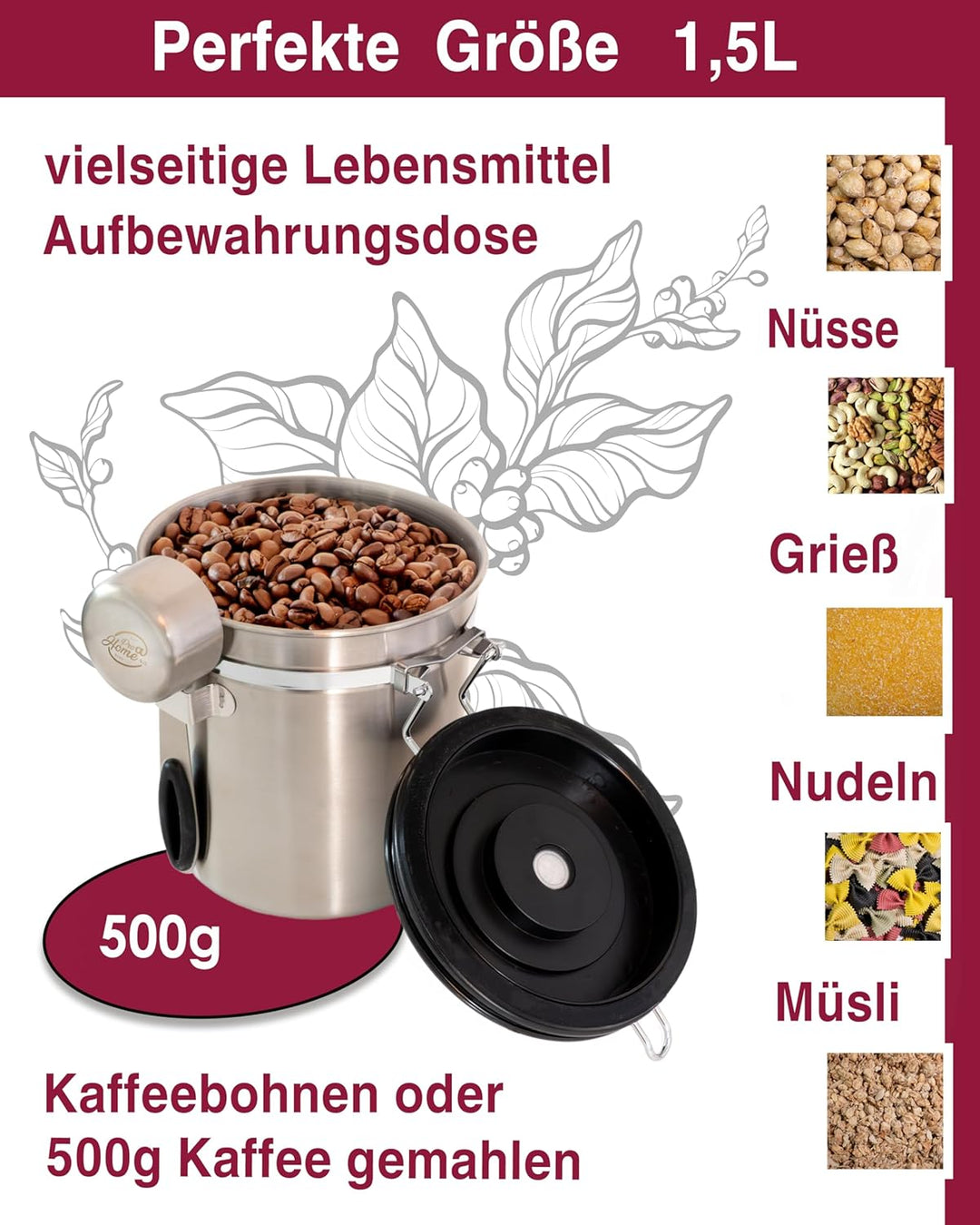 Kaffeedose luftdicht 500g - Silber - Kaffeebohnen Vorratsbehälter 1,5L aus Edelstahl mit Kalenderfun