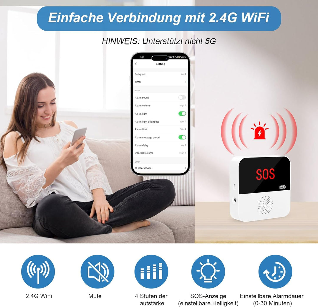 ChunHee Senioren Notruf Tuya WiFi Smart Notrufklingel Alert System für ältere Patienten Behinderte,K