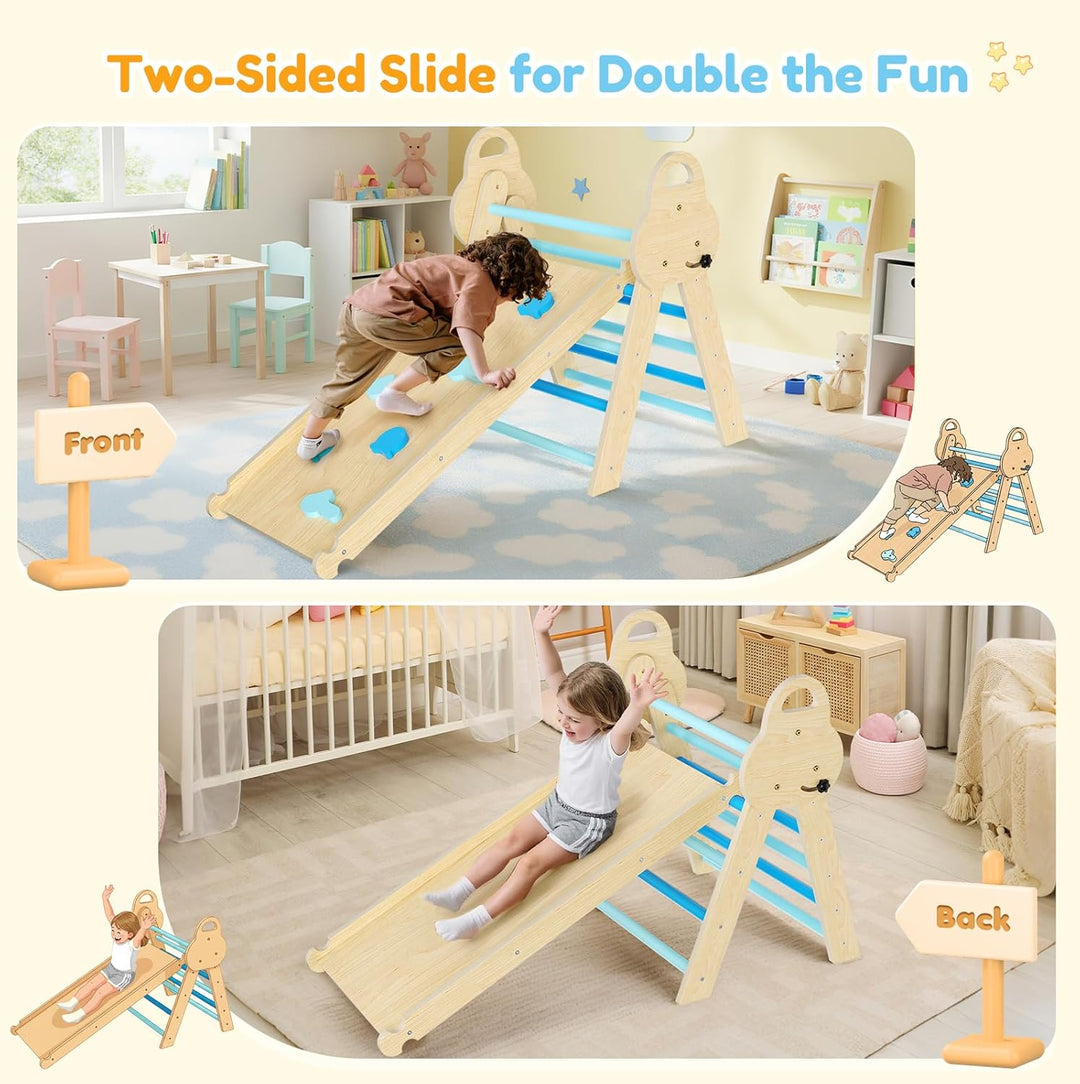 7-in-1 Montessori Klettergerüst Indoor, Kletterdreieck mit Rutsche & Kletterbogen, stabiles Holzklet