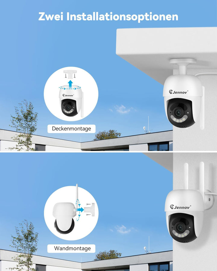 Jennov 2K Überwachungskamera Aussen, 360° PTZ WLAN IP Kamera mit 2-Wege-Audio, Automatische Nachverf