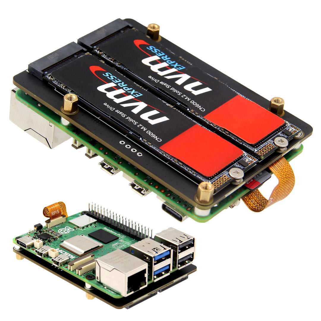 Geekworm X1005 Dual NVMe M.2 SSD Shield Bottom-Mount HAT for Raspberry Pi 5 | Support Hailo-8 AI Acc
