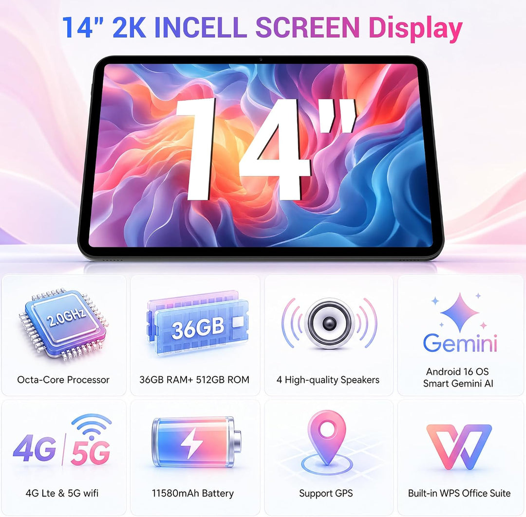2026 14-Zoll-Tablet mit Android 16, 36GB RAM+512GB ROM (TF 1TB), Octa-Core, 4G LTE/5G WLAN, 2000 × 1
