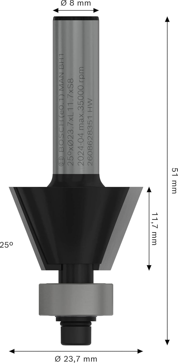 Bosch Professional Fasefräser Standard for Wood (für Holz, Ø 23,7 mm, Arbeitslänge 12 mm, 25° Winkel