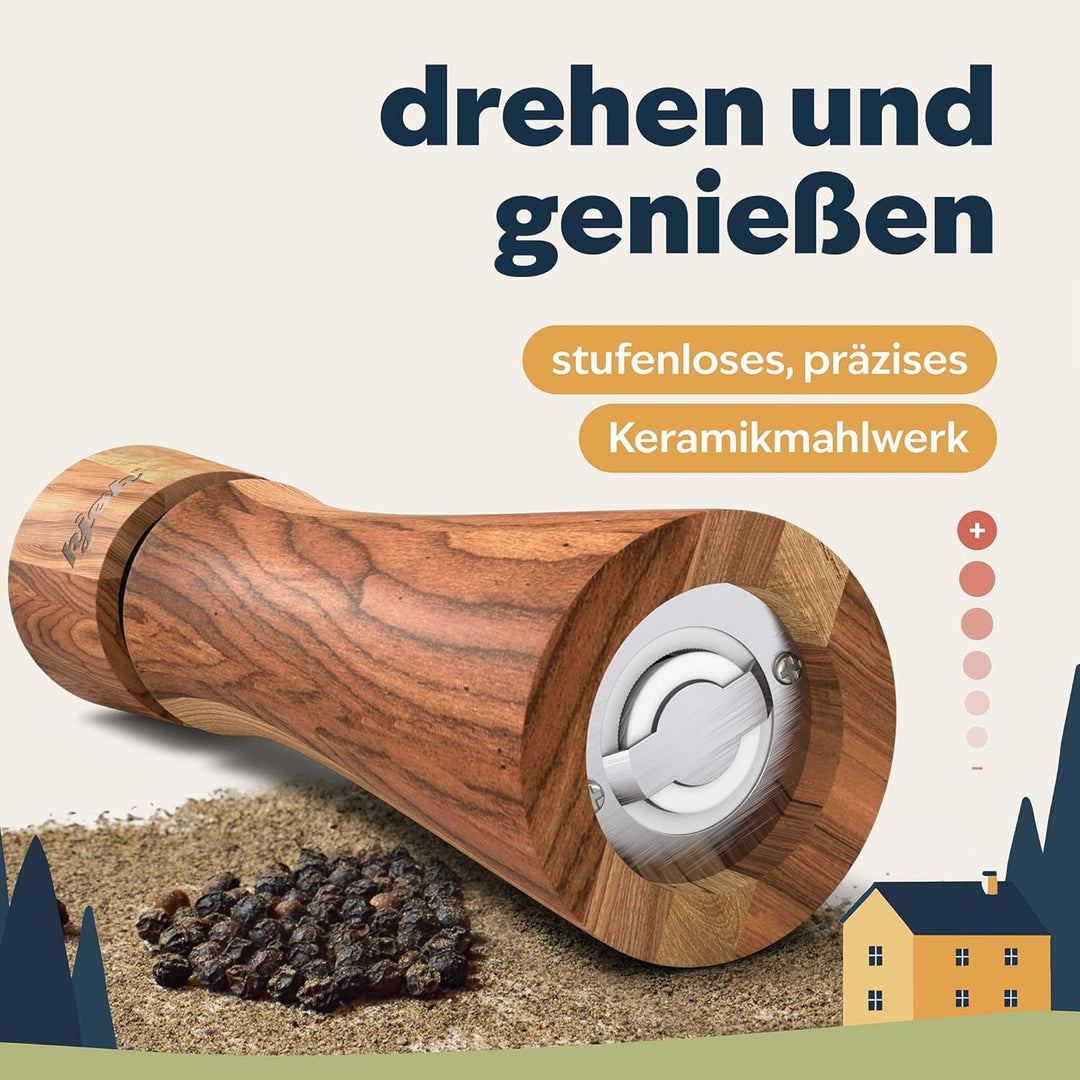 kjøk Premium Salz und Pfeffer Mühle massives Akazienholz mit Untersetzer, Reinigungsbürste und Einfü