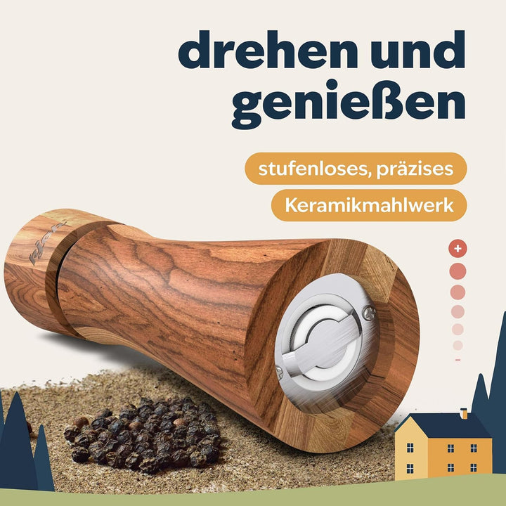 kjøk Premium Salz und Pfeffer Mühle massives Akazienholz mit Untersetzer, Reinigungsbürste und Einfü