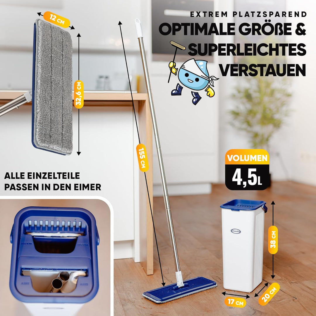 Formosa 2 Bodenwischer Wischmopp Set mit Eimer- 360° Flachwischer, Extra Langer 155 cm Edelstahl Sti