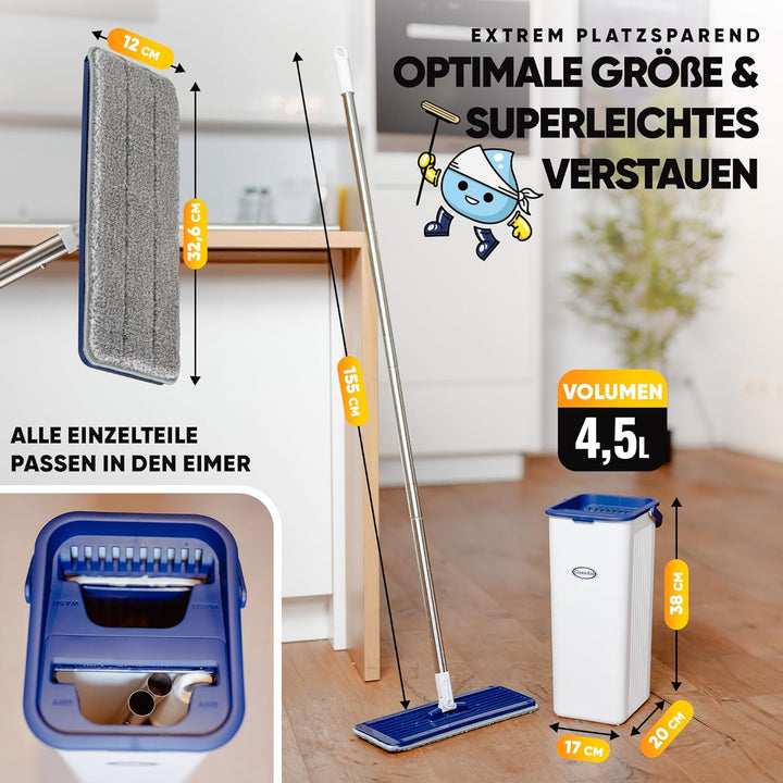 Formosa 2 Bodenwischer Wischmopp Set mit Eimer- 360° Flachwischer, Extra Langer 155 cm Edelstahl Sti