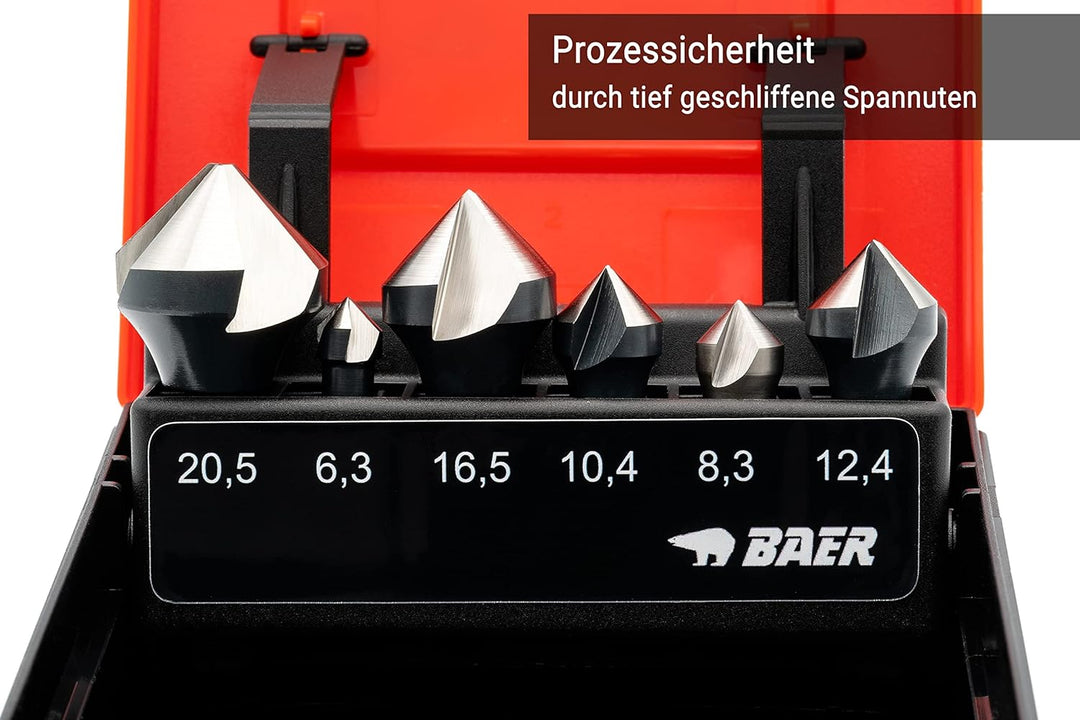 BAER HSSG 90° Bit-Kegelsenker-Satz 6,3-20,5 mm - für Akkuschrauber - Senkbohrer-Set 1/4'' Bit Kegels
