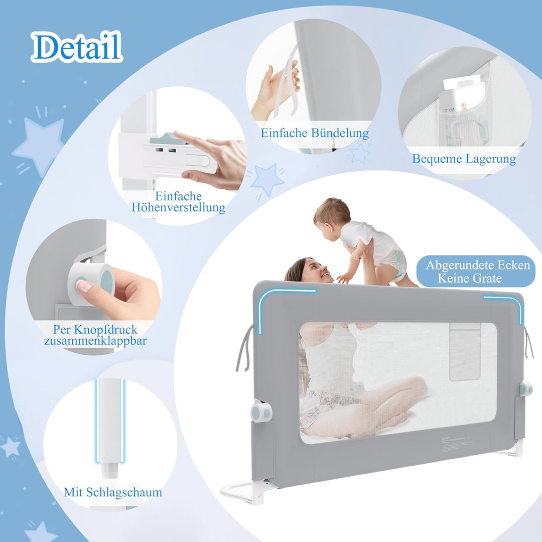 AufuN Bettgitter Bettschuztgitter Portable 150cm, Faltbar Kinderbettgitter für Kinder Babybettgitter
