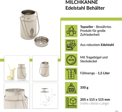 Transportkanne 1,5 Liter Edelstahl Milchkanne Transportbehälter Kanne Milchkrug