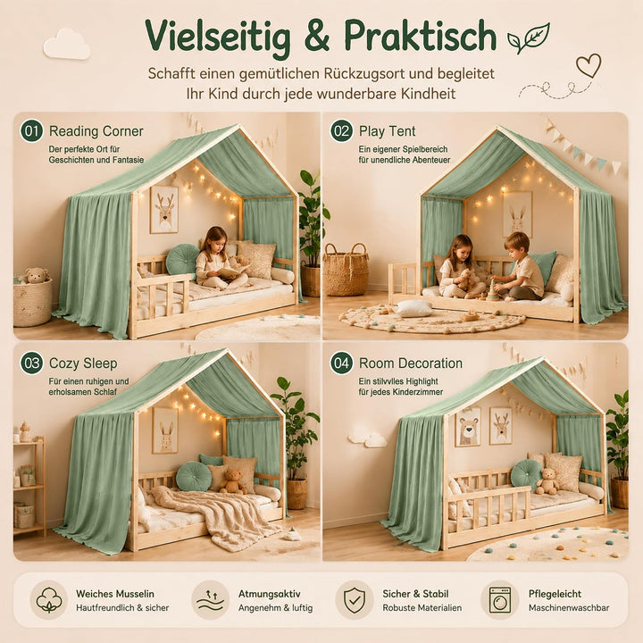 Hausbett Himmel Deko Set, Betthimmel Hausbett aus Musselin - 1 Betthimmel &amp; 1 Wimpelkette, für Junge