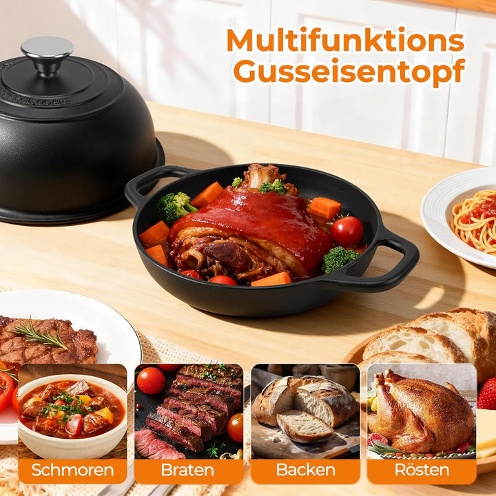 Gusseisen Topf Brot Backen,4,7L Bräter Schmortopf mit Deckel,24 cm Dutch Oven,Brotbacktopf mit Silik