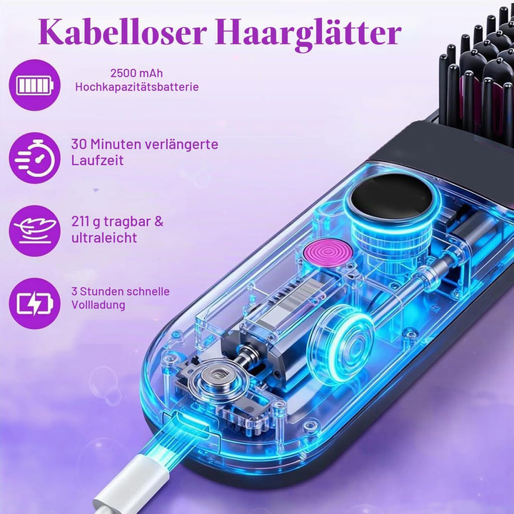 Glättbürste Kabellos, Stylingbürste Für Kurze Langes Haare, Haarglätter Bürste Kabellos mit 3 Wärmes