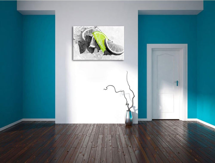 Minze mit Limetten im Eis schwarz/weiss Format: 100x70 auf Leinwand, XXL riesige Bilder fertig gerah