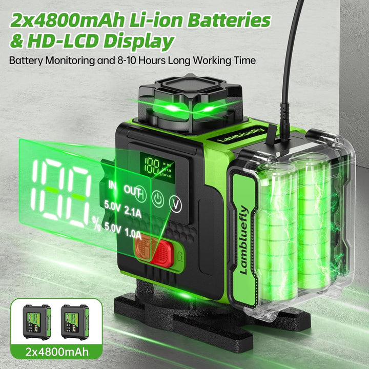 Lambluefly Kreuzlinienlaser mit Stativ, Laser Wasserwaage mit 2x5000mAh Batterien & LED-Anzeige, 4x3