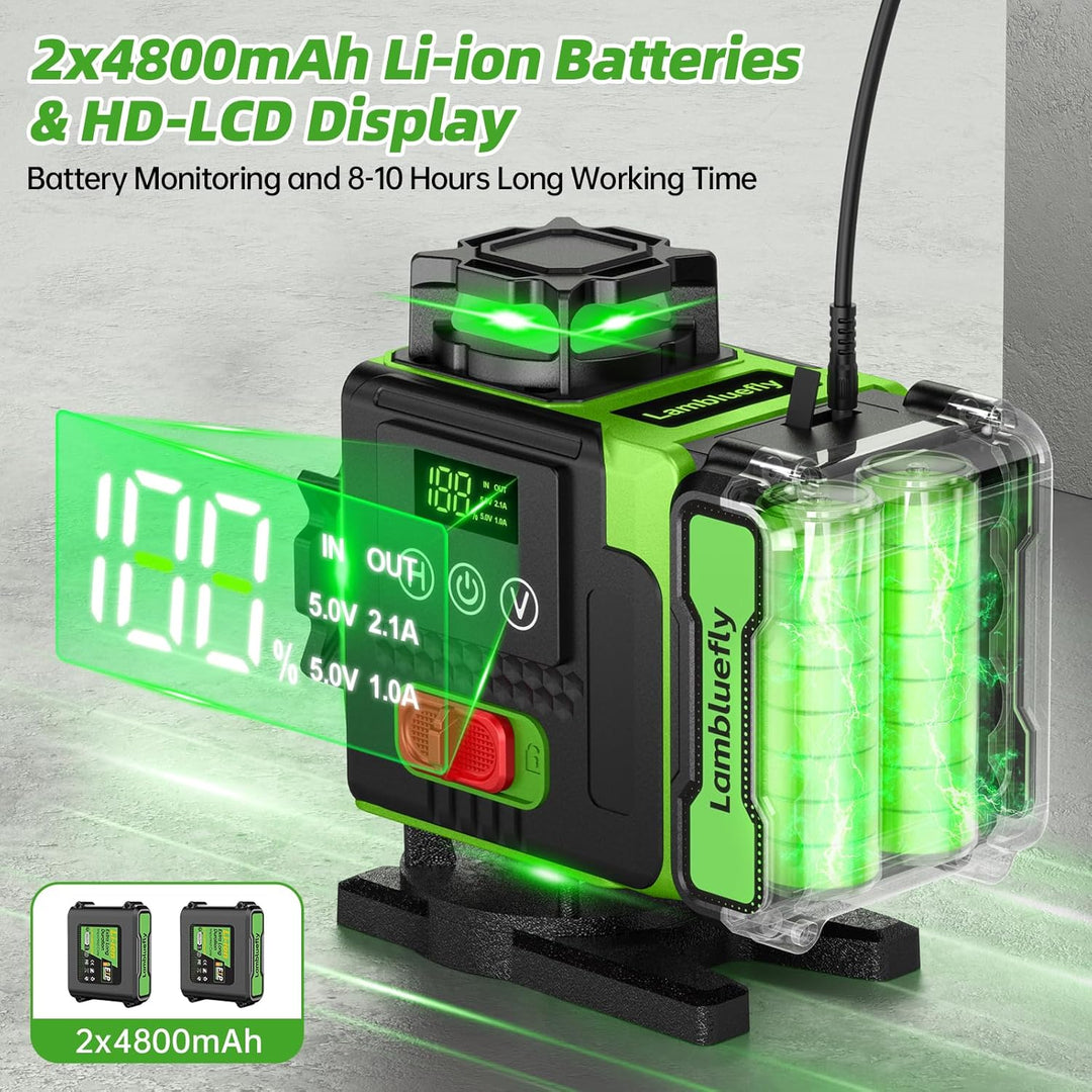 Kreuzlinienlaser, Laser Wasserwaage mit 2x4800mAh Batterien & LED-Anzeige, 4x360 Grad Laser Level, 4