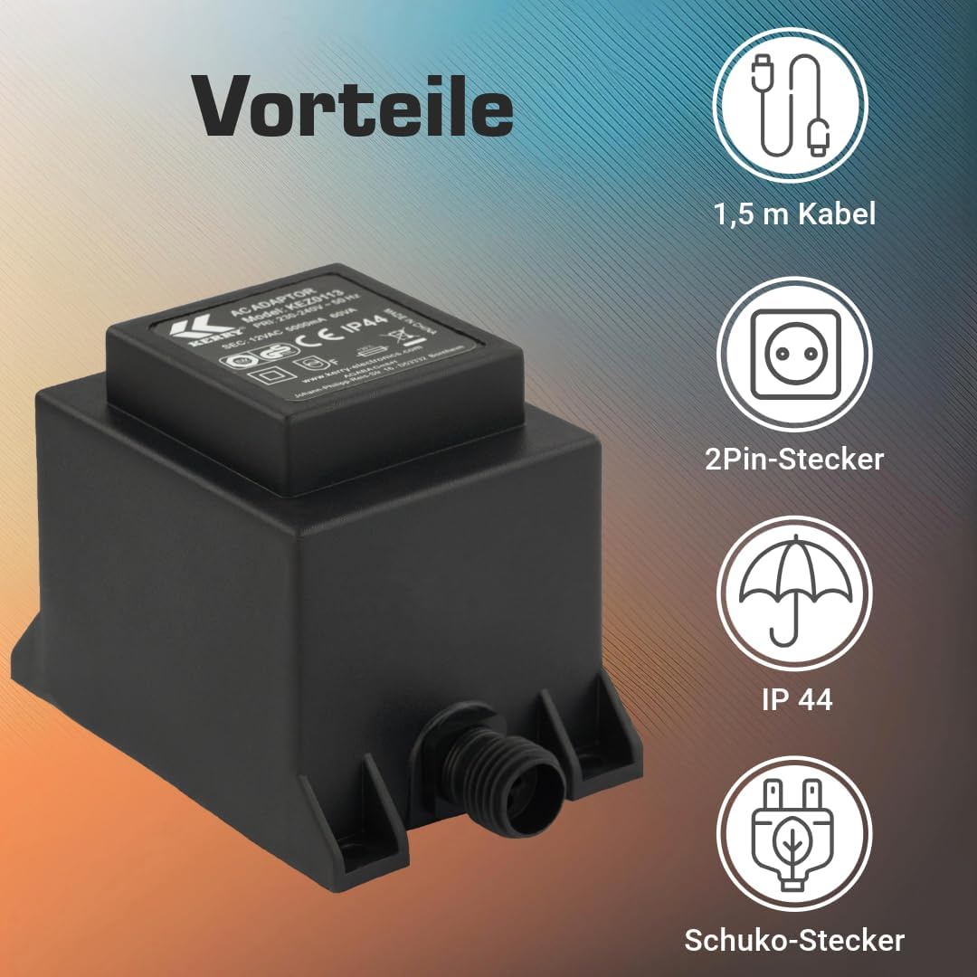 KERRY ELECTRONICS 12V Trafo 60VA/W, AC/AC Wechselstrom, für den Aussenbereich IP44 u.a. für LED-Bele