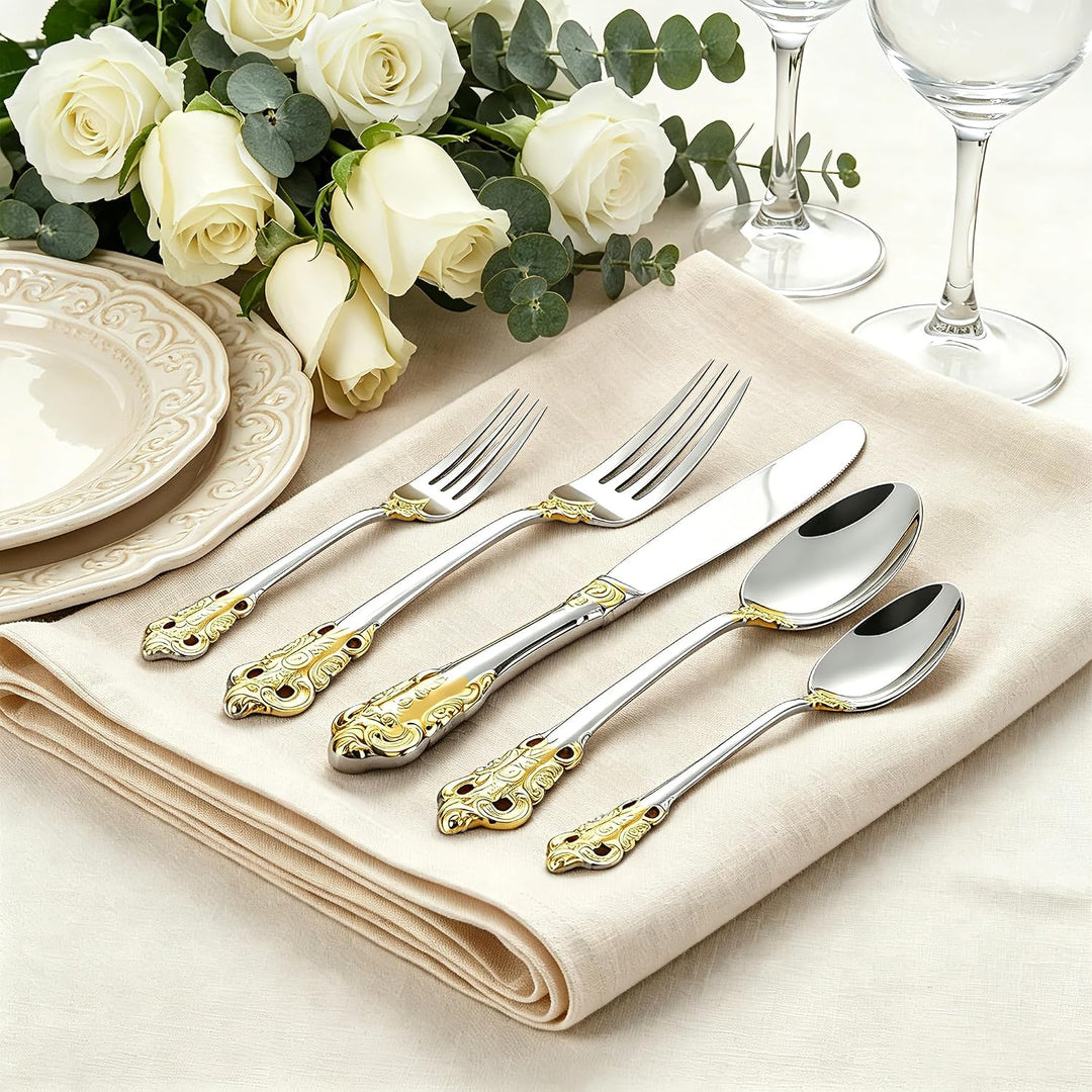 Prächtiges Barock Gold Silber 18/10 Edelstahl Besteck-Set mit 20 Teilen, rostfreies Edelstahl Bestec
