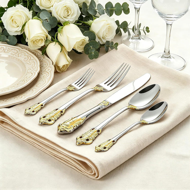 Prächtiges Barock Gold Silber 18/10 Edelstahl Besteck-Set mit 20 Teilen, rostfreies Edelstahl Bestec