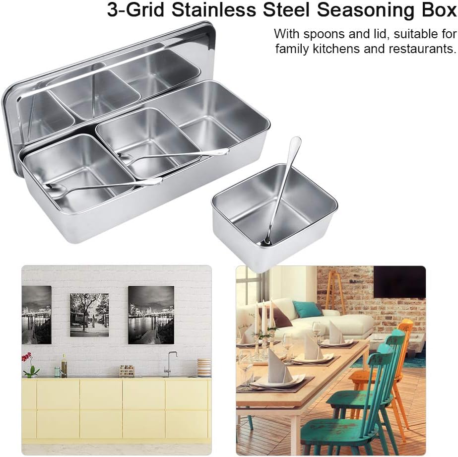 Hapivida Zutatenbehälter Pizza Edelstahl 344x157x65mm 3 Gitter Gewürzbox Beilagenbehälter Gewürz Beh