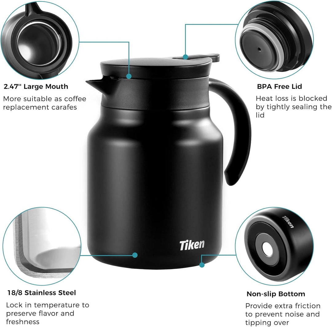 Tiken 1L Thermoskanne aus Doppelwandingem Edelstahl Isolierkanne Kaffeekanne mit Quick Tip Verschlus
